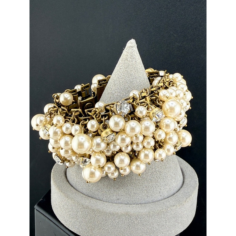 J. Crew Bracelet Cha Cha Gold Tone Faux Pearl Rhinestone‎ Chunky Cluster 7.5